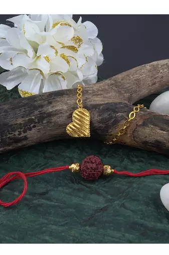 Handmade combo couple pair panch mukhi rudraksh rakhi & gold heart charm unisex bracelet set for bhaiya bhabhi