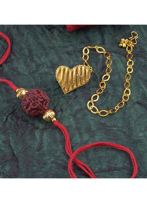 Handmade combo couple pair panch mukhi rudraksh rakhi & gold heart charm unisex bracelet set for bhaiya bhabhi 3