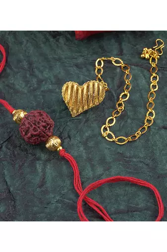 Handmade combo couple pair panch mukhi rudraksh rakhi & gold heart charm unisex bracelet set for bhaiya bhabhi