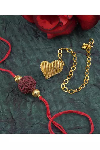 Handmade combo couple pair panch mukhi rudraksh rakhi & gold heart charm unisex bracelet set for bhaiya bhabhi