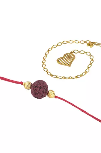 Handmade combo couple pair panch mukhi rudraksh rakhi & gold heart charm unisex bracelet set for bhaiya bhabhi