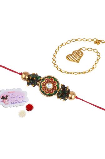 Handmade combo couple pair real kundan and gold heart charm unisex bracelet set for bhaiya bhabhi