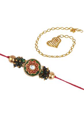 Handmade combo couple pair real kundan and gold heart charm unisex bracelet set for bhaiya bhabhi 2