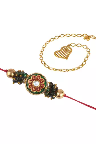 Handmade combo couple pair real kundan and gold heart charm unisex bracelet set for bhaiya bhabhi