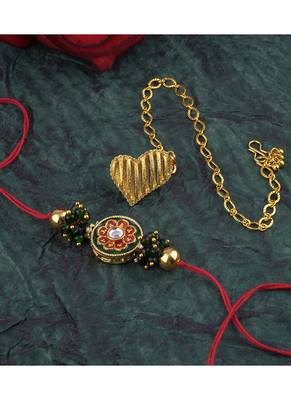 Handmade combo couple pair real kundan and gold heart charm unisex bracelet set for bhaiya bhabhi 3