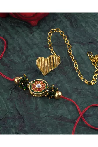 Handmade combo couple pair real kundan and gold heart charm unisex bracelet set for bhaiya bhabhi