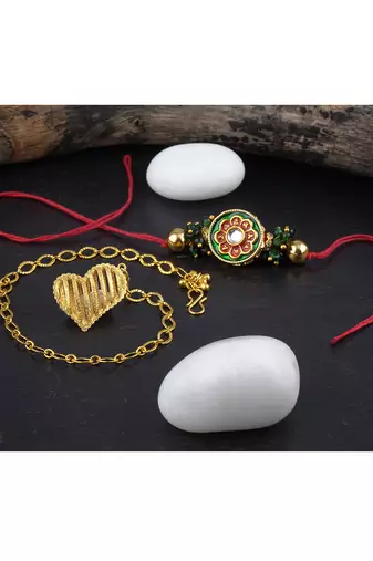 Handmade combo couple pair real kundan and gold heart charm unisex bracelet set for bhaiya bhabhi
