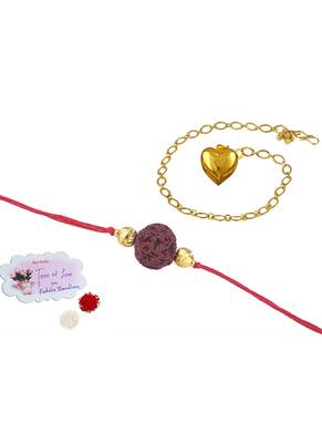 Handmade rakhi combo couple pair panch mukhi rudraksha & gold heart unisex bracelet rakhi set for bhaiya bhabhi 1