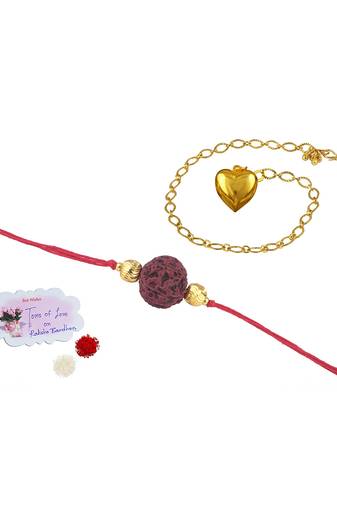 Handmade rakhi combo couple pair panch mukhi rudraksha & gold heart unisex bracelet rakhi set for bhaiya bhabhi