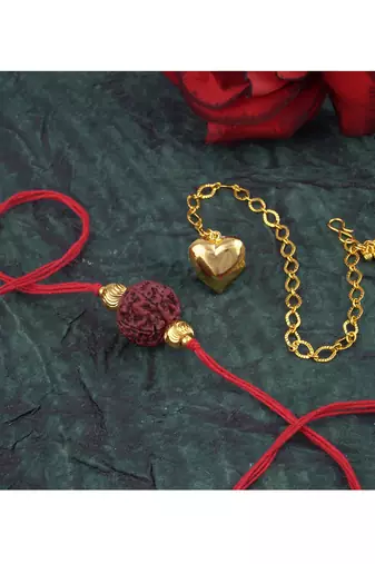 Handmade rakhi combo couple pair panch mukhi rudraksha & gold heart unisex bracelet rakhi set for bhaiya bhabhi