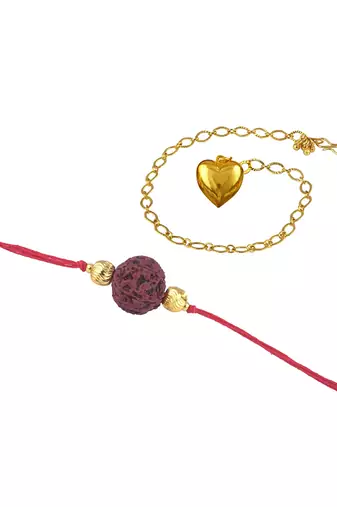 Handmade rakhi combo couple pair panch mukhi rudraksha & gold heart unisex bracelet rakhi set for bhaiya bhabhi
