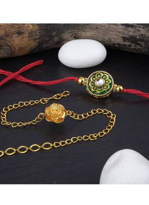 Combo of handcrafted real kundanand beautiful gold flower rakhi for brother, bhaiya bhabhi 2