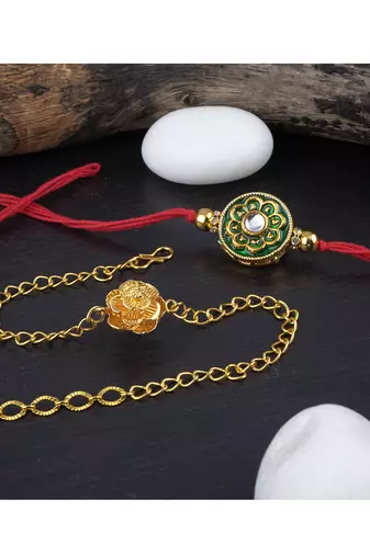 Combo of handcrafted real kundanand beautiful gold flower rakhi for brother, bhaiya bhabhi