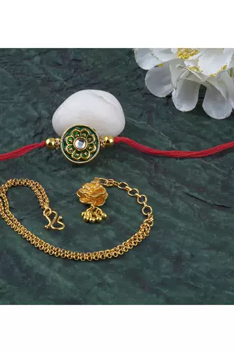 Combo of handcrafted real kundanand beautiful gold flower rakhi for brother, bhaiya bhabhi
