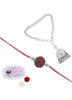 Handmade rakhi combo couple pair panch mukhi rudraksha & silver plated jhumki bracelet rakhi set for bhaiya bhabhi 1