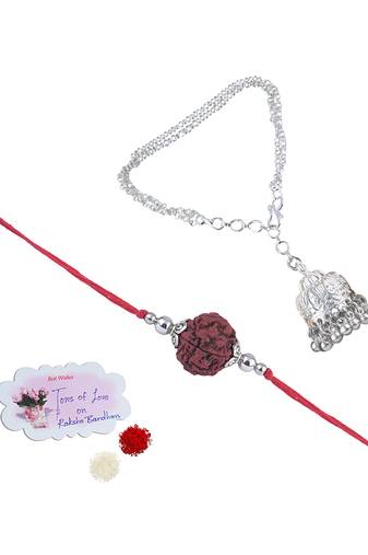 Handmade rakhi combo couple pair panch mukhi rudraksha & silver plated jhumki bracelet rakhi set for bhaiya bhabhi