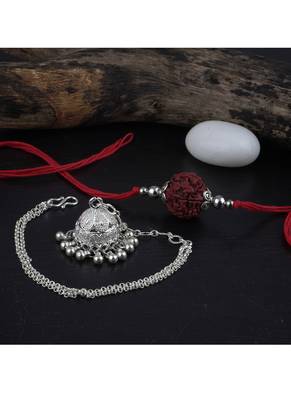 Handmade rakhi combo couple pair panch mukhi rudraksha & silver plated jhumki bracelet rakhi set for bhaiya bhabhi 2