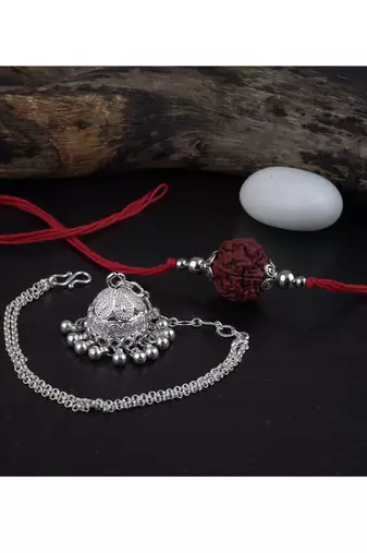 Handmade rakhi combo couple pair panch mukhi rudraksha & silver plated jhumki bracelet rakhi set for bhaiya bhabhi