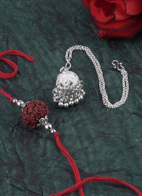 Handmade rakhi combo couple pair panch mukhi rudraksha & silver plated jhumki bracelet rakhi set for bhaiya bhabhi 3
