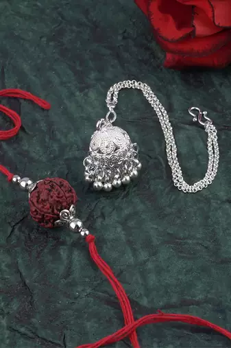 Handmade rakhi combo couple pair panch mukhi rudraksha & silver plated jhumki bracelet rakhi set for bhaiya bhabhi