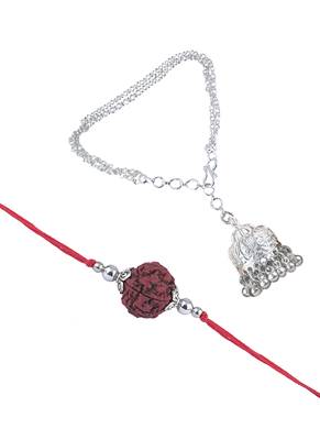 Handmade rakhi combo couple pair panch mukhi rudraksha & silver plated jhumki bracelet rakhi set for bhaiya bhabhi 4