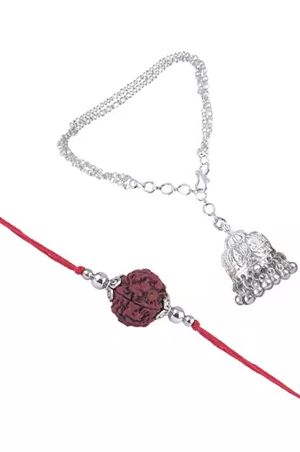 Handmade rakhi combo couple pair panch mukhi rudraksha & silver plated jhumki bracelet rakhi set for bhaiya bhabhi