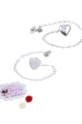 Handmade rakhi combo couple pair silver plated heart unisex bracelet rakhi set for bhaiya bhabhi