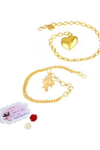 Handmade rakhi combo couple pair gold plated ganesha and heart unisex bracelet rakhi set for bhaiya bhabhi