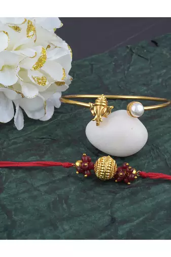 Handmade rakhi combo couple pair gold plated gold bead and ganesha bracelet/bangle rakhi set for bhaiya bhabhi