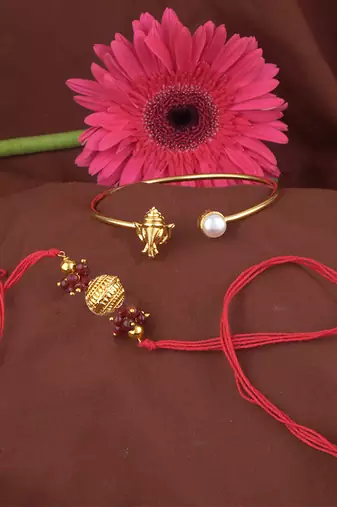 Handmade rakhi combo couple pair gold plated gold bead and ganesha bracelet/bangle rakhi set for bhaiya bhabhi