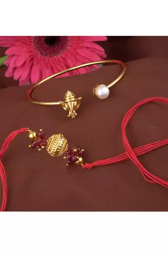 Handmade rakhi combo couple pair gold plated gold bead and ganesha bracelet/bangle rakhi set for bhaiya bhabhi