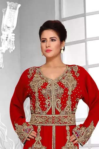 Red color Full Sleeves Handmade Moroccan Kaftan 