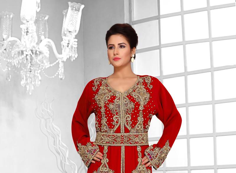 Red color luxurious Full Sleeves Handmade Moroccan Kaftan .
