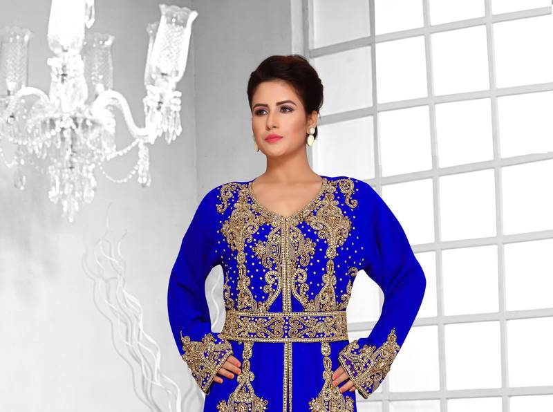 Royal Blue color luxurious Full Sleeves Handmade Moroccan Kaftan .