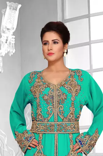 Sea Green color Full Sleeves Handmade Moroccan Kaftan 