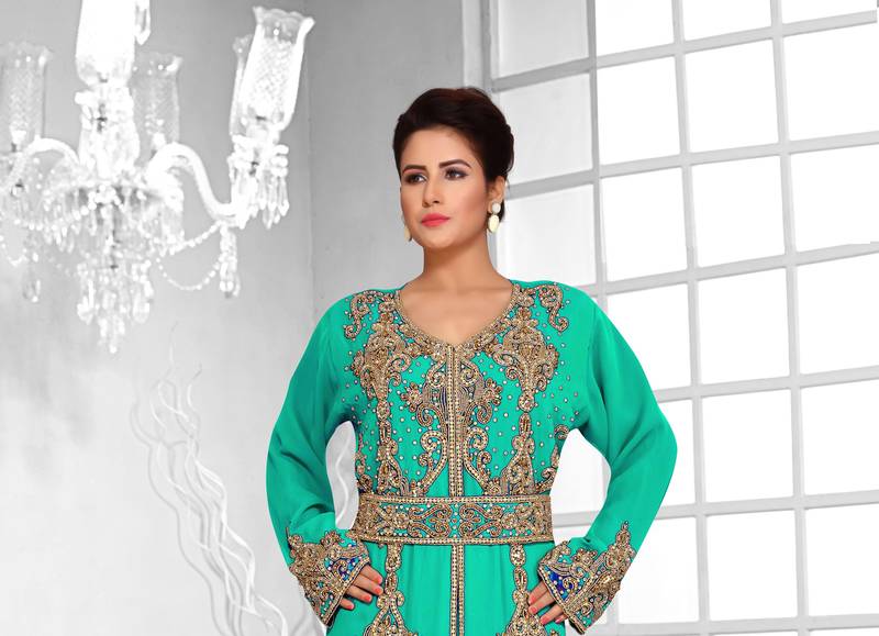 Sea Green color luxurious Full Sleeves Handmade Moroccan Kaftan .