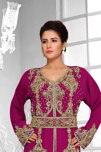 Wine color Full Sleeves Handmade Moroccan Kaftan 