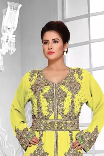 Yellow color Full Sleeves Handmade Moroccan Kaftan 