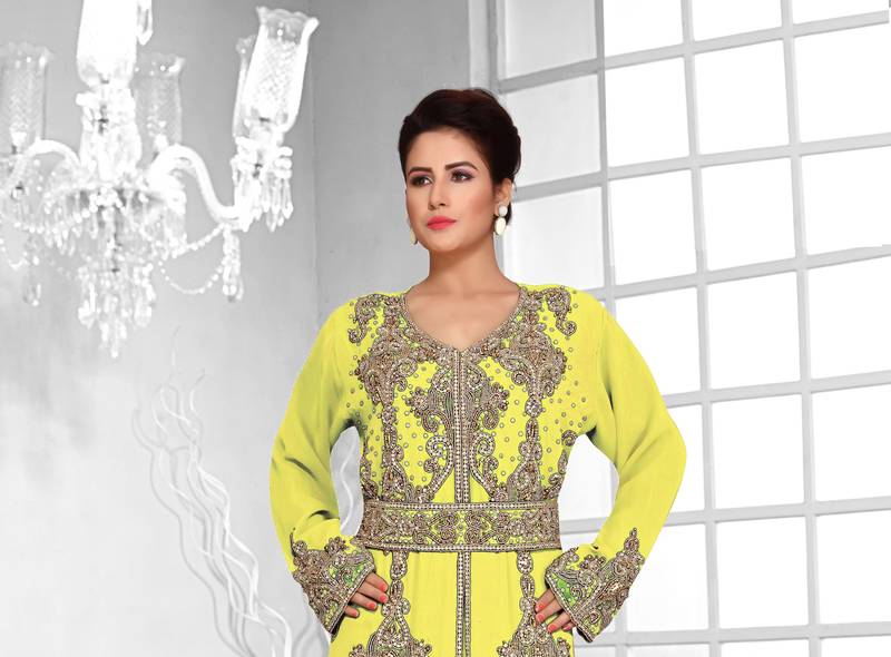 Yellow color luxurious Full Sleeves Handmade Moroccan Kaftan .