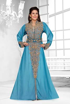 Cyan & White color Full Sleeves Handmade Moroccan Kaftan  1