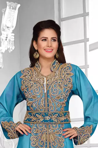 Cyan & White color Full Sleeves Handmade Moroccan Kaftan 