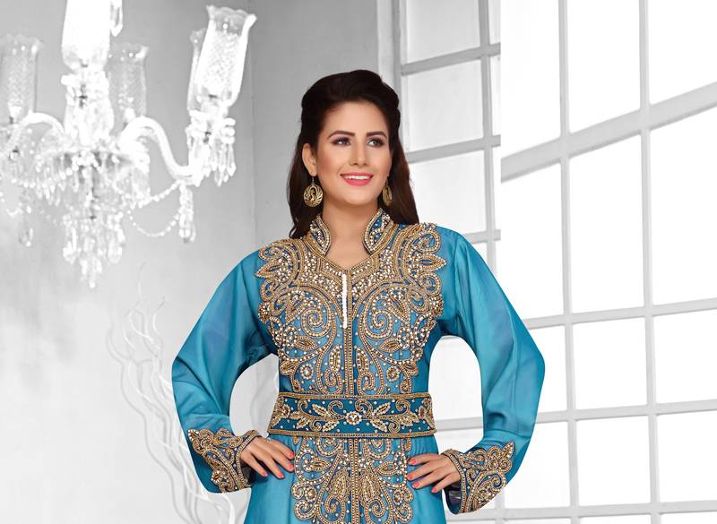 Cyan & White color luxurious Full Sleeves Handmade Moroccan Kaftan .