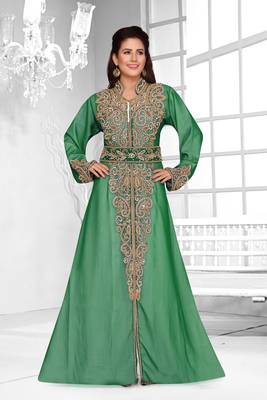 Dark Green & White color Full Sleeves Handmade Moroccan Kaftan  1