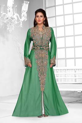 Dark Green & White color Full Sleeves Handmade Moroccan Kaftan  2
