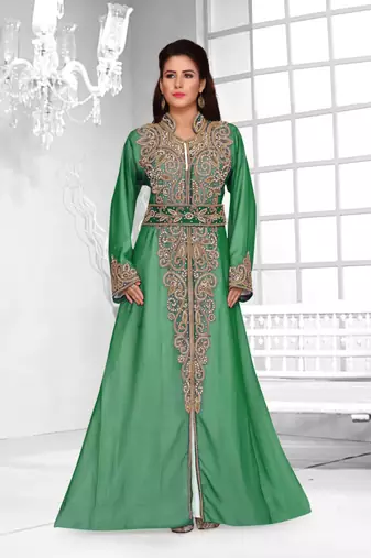Dark Green & White color Full Sleeves Handmade Moroccan Kaftan 