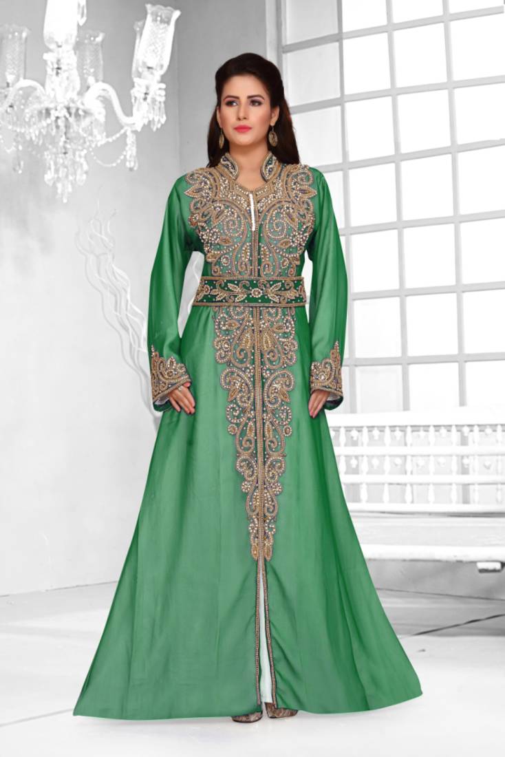 Dark Green & White color luxurious Full Sleeves Handmade Moroccan Kaftan .