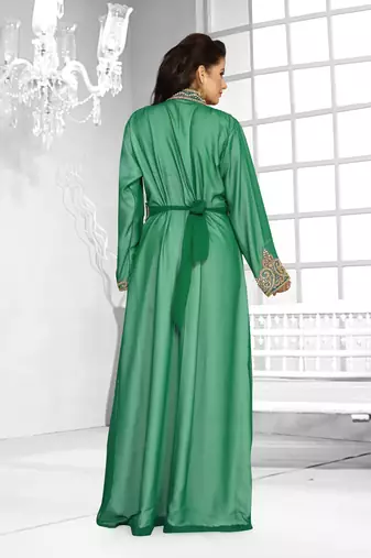 Dark Green & White color Full Sleeves Handmade Moroccan Kaftan 