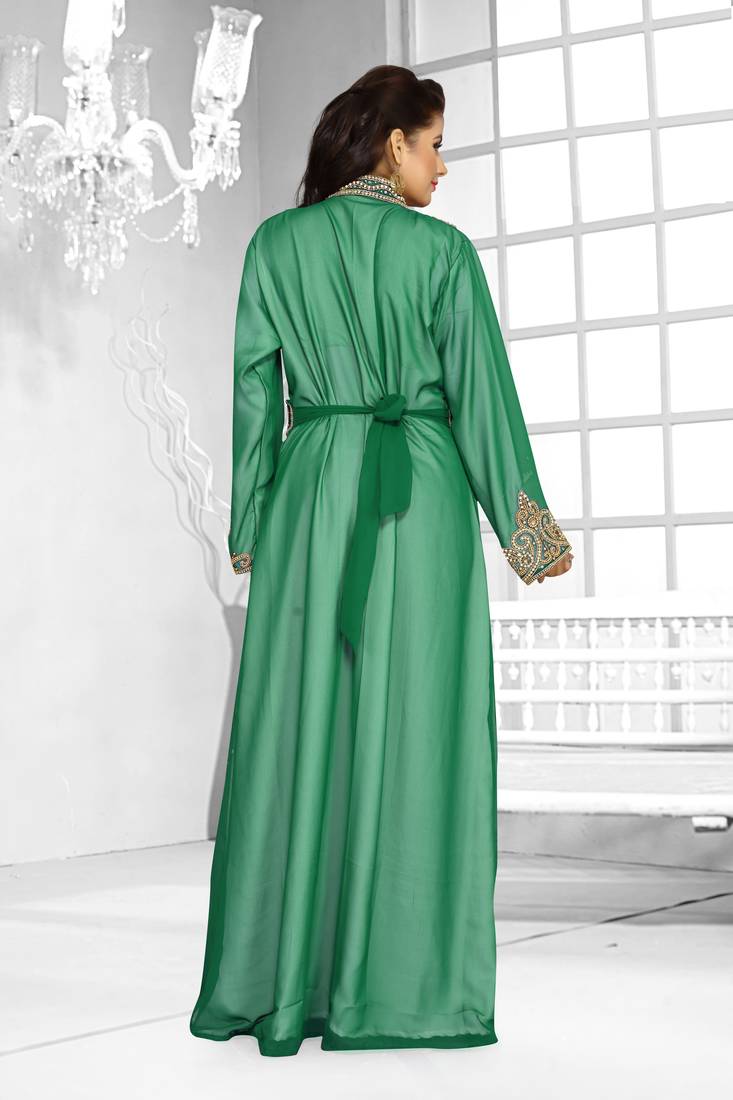 Dark Green & White color luxurious Full Sleeves Handmade Moroccan Kaftan .
