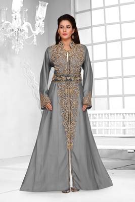 Grey & White color Full Sleeves Handmade Moroccan Kaftan  2