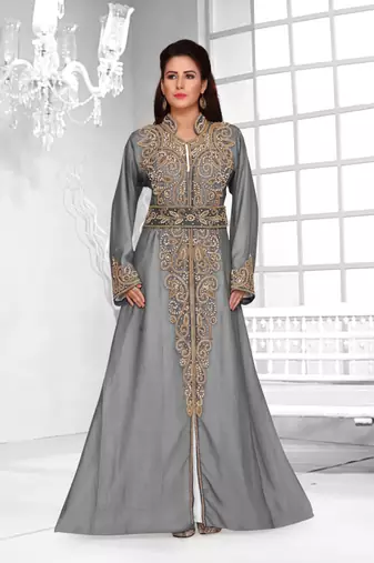 Grey & White color Full Sleeves Handmade Moroccan Kaftan 